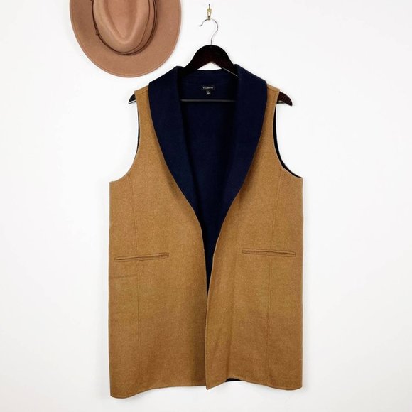 Talbots Double Face Wool Blend Open Front Shawl Collar Vest Camel/Navy Large - Picture 3 of 7